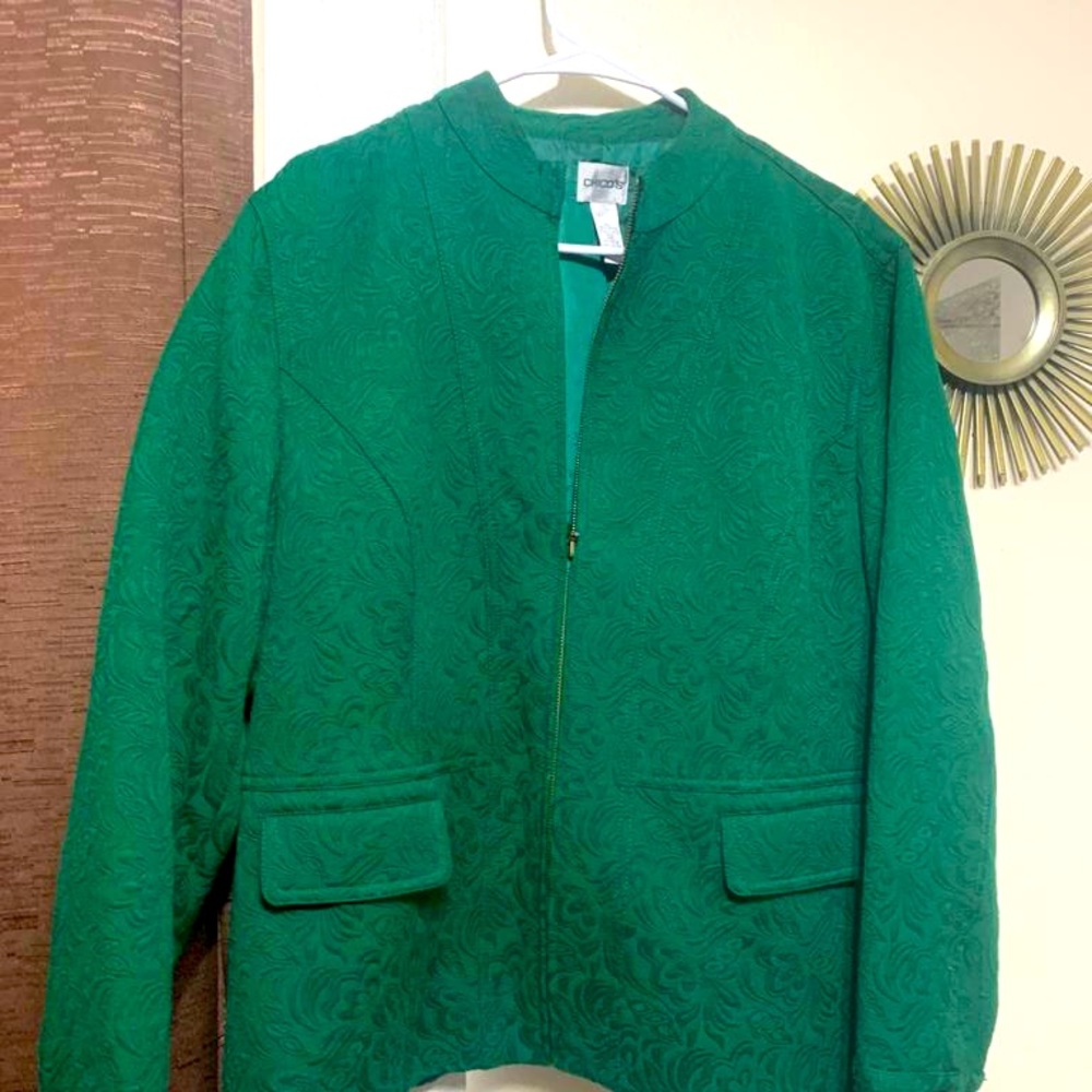 Chico’s Size 3 Green Damask Jacket Business Blazer